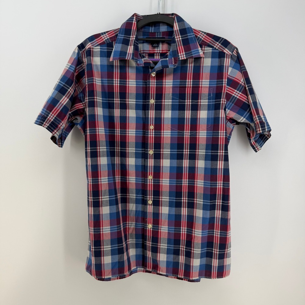Lands End Button Down Shirt Boys Large Blue Red Plaid Short Sleeve Single Stitch